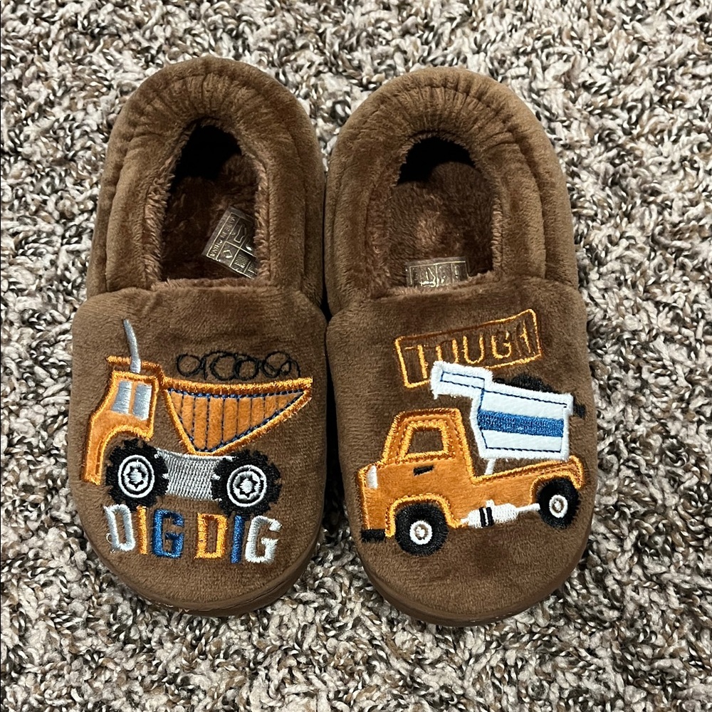 Brown Kids Slippers with Construction Design